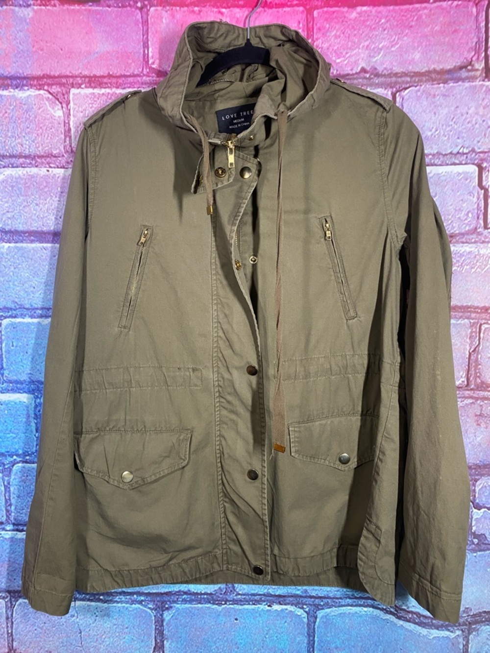 Love Tree Utility Jacket Womens M Olive Green Hooded Military Style Coat